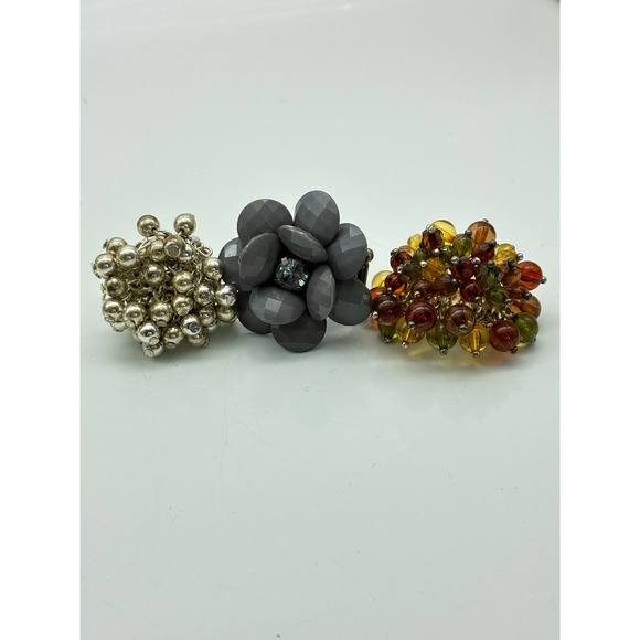Jewelry - Statement Stretch Rings Lot of 3 Silver Cluster Grey Flower Autumn Beaded